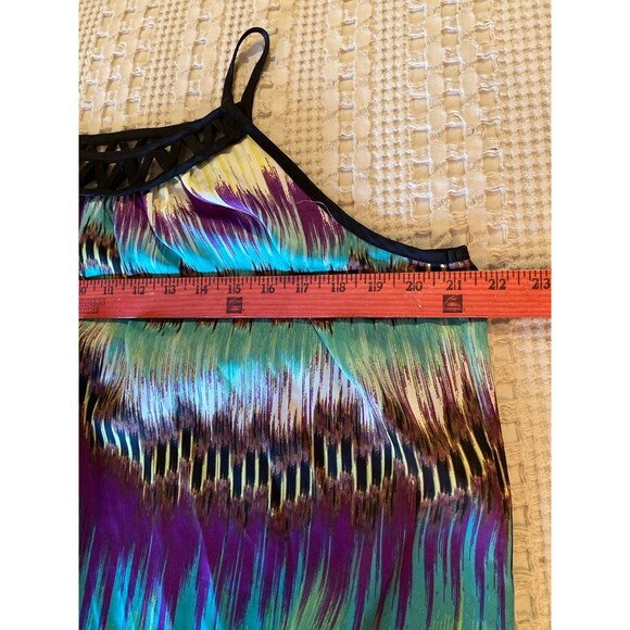 Bisou Bisou Blouse Size Large Top Purple Green Silky Feel Sleeveless Woven Neck - Picture 8 of 10